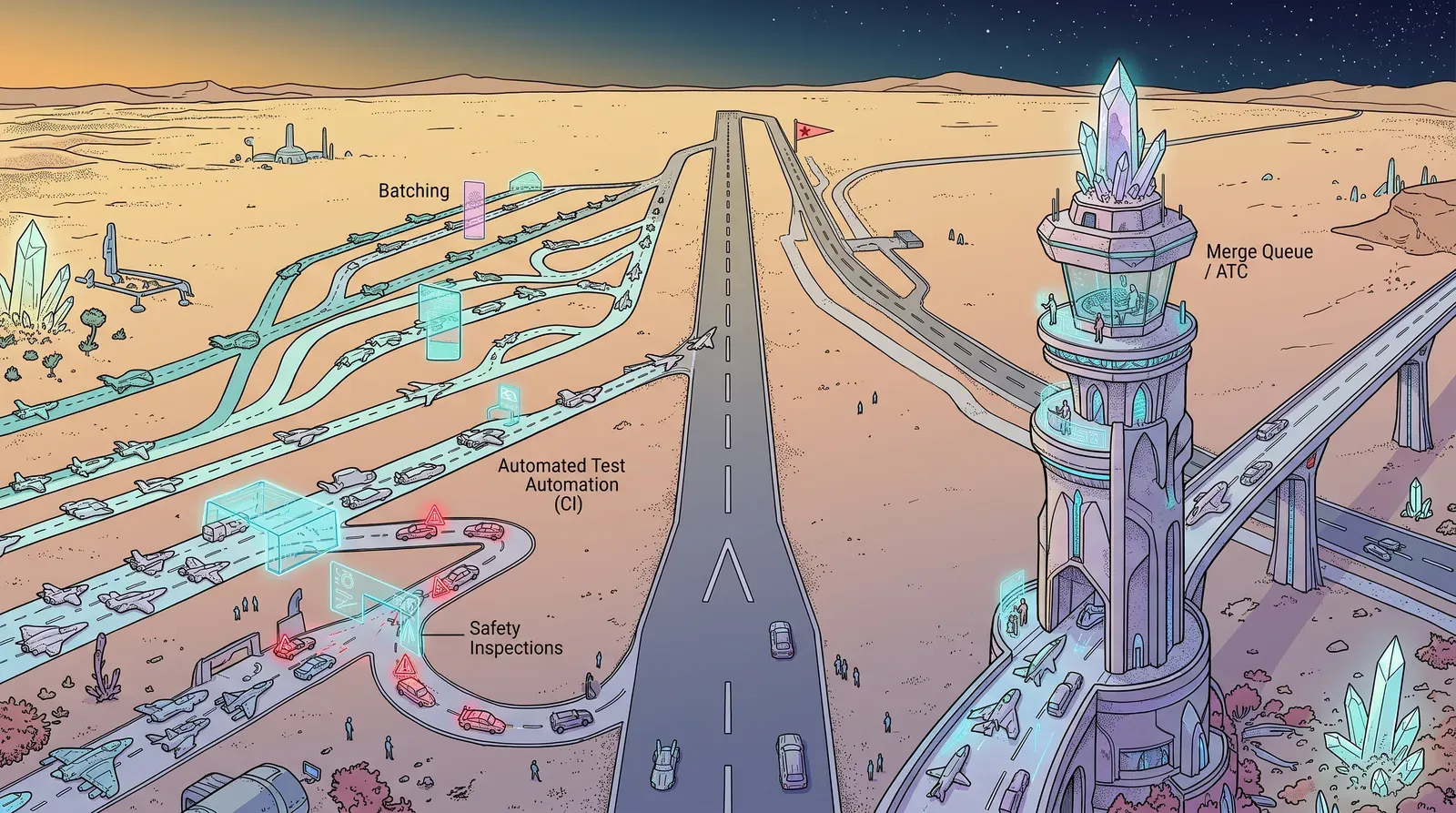 Retro-futuristic desert illustration of converging roads and flight paths leading to a crystal-topped control tower labeled Merge Queue, with branch lanes for batching, automated testing, and safety inspections before merging