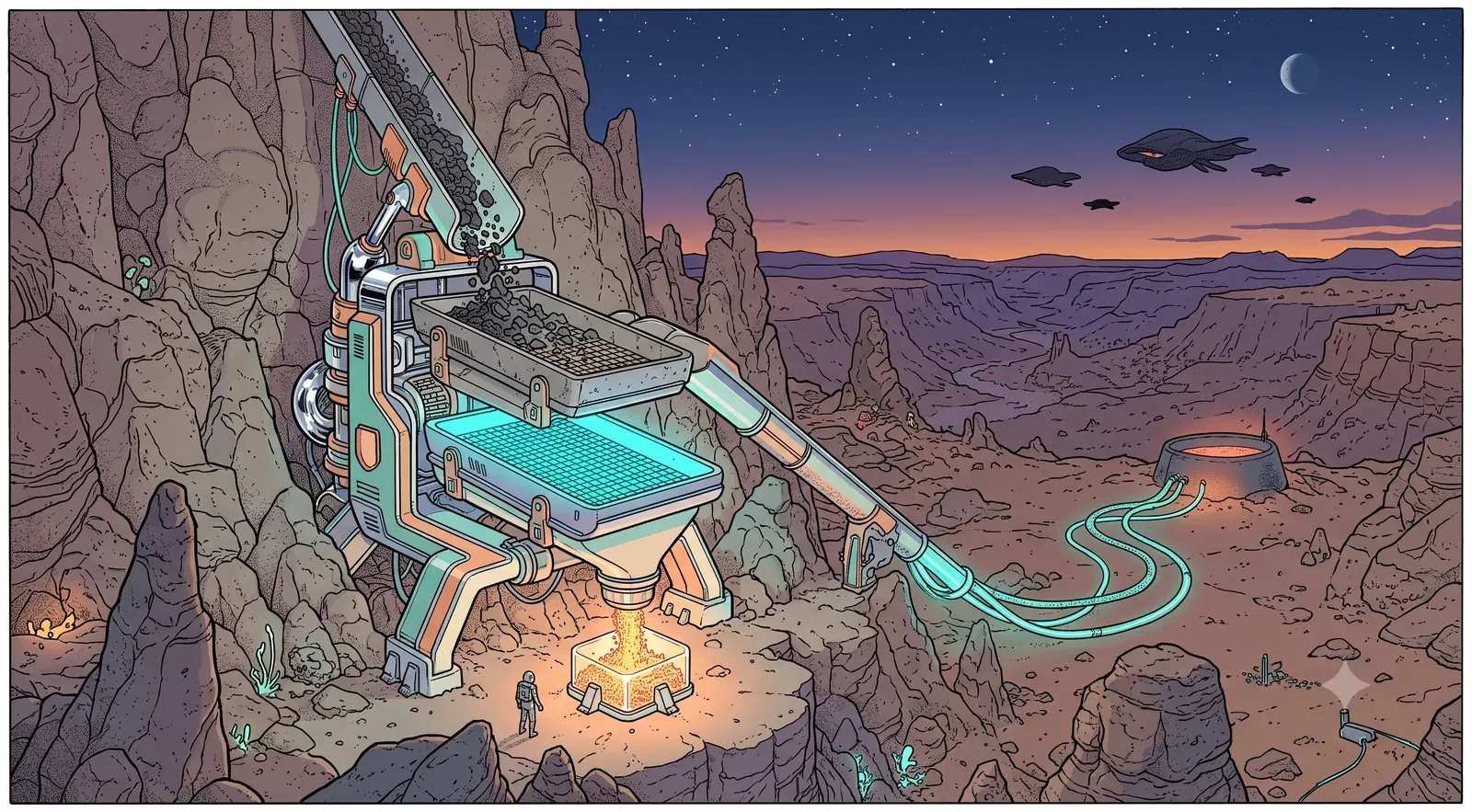 A retro-futuristic ore-sifting rig on an alien desert canyon at dusk, filtering raw rock through two glowing sieve trays into a small stream of refined ore, with leftover tailings routed to a distant holding structure