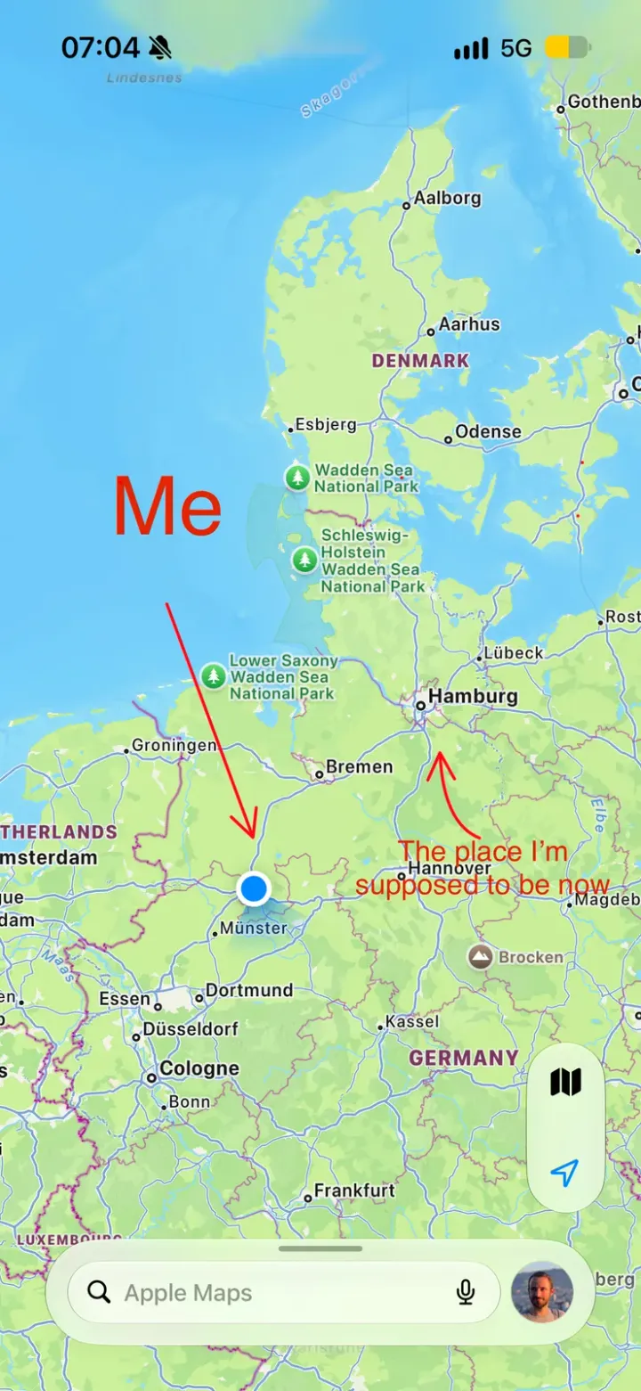 Carte montrant ma position près de Münster alors que je devais être à Hambourg