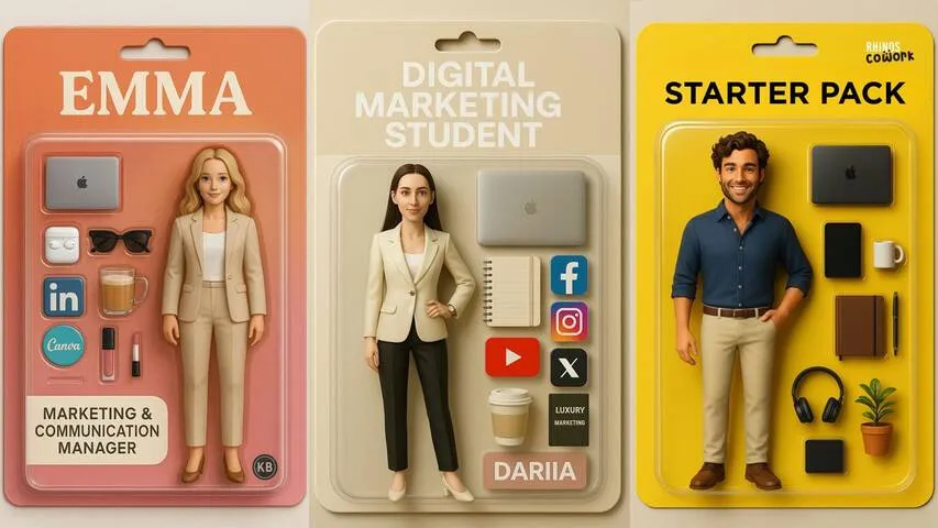 Trois images générées par IA façon ‘figurine starter pack’, une tendance où l’on décrit son profil à l’IA pour générer un portrait façon emballage de jouet